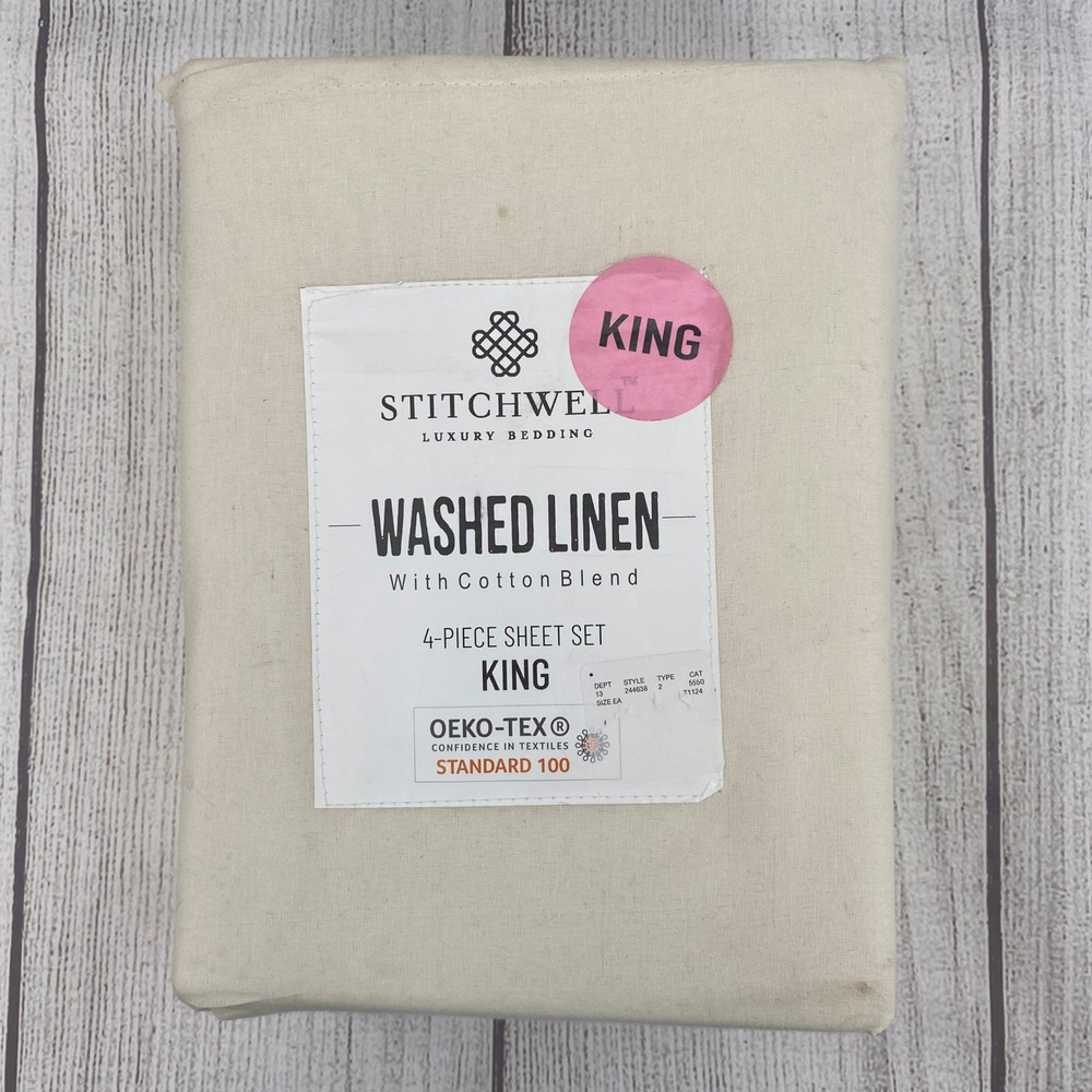 Stitchwell Sheet Set King Cream Washed Linen Cotton Blend Natural Boho Rustic